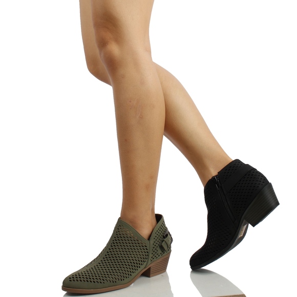 Khaki Perforated V Side Cut Low Heel Ankle Boot - Picture 5 of 5